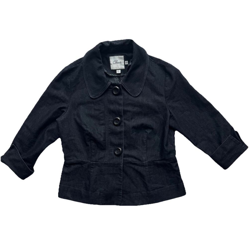Chaus Cropped Jacket Button-Up Blue Size 10P Polka Dot Accents